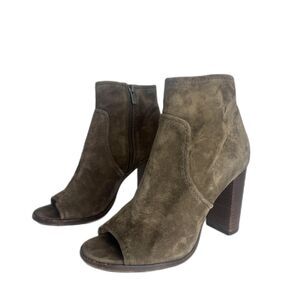 Frye Boots Womens Size 8 M Taupe Suede Peep Toe ankle Booties Stacked Heel
